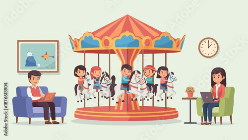 Children enjoying a carousel while adults work on laptops nearby