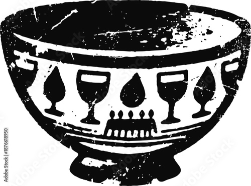 Ancient ceramic bowl illustration with decorative wine glass motifs and textured surface design