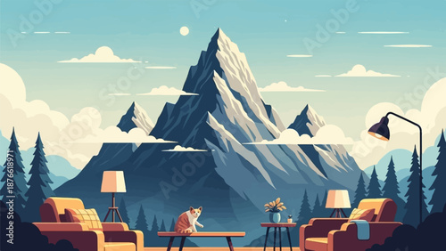 Cozy interior with chairs, lamps, and a cat overlooking a majestic pixelated mountain landscape
