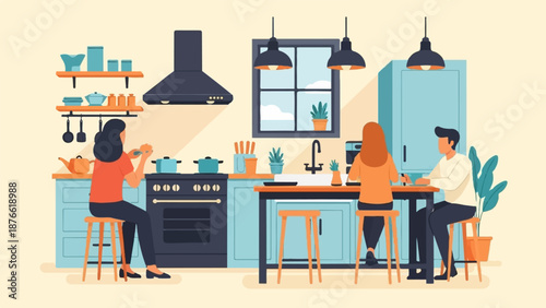 Cozy kitchen scene with people preparing and eating food