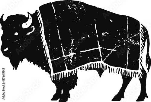 silhouette of a bison covered with a textured blanket, rustic vintage illustration