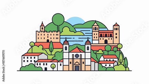 Charming illustrated Italian hilltop village with historic buildings and water