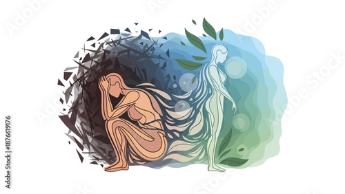 A woman sitting alone in a dark environment with a ghostly figure surrounded by leaves beside her