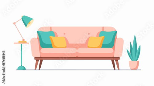 Cozy living room scene with a pink sofa, teal and yellow cushions, a lamp, and a plant