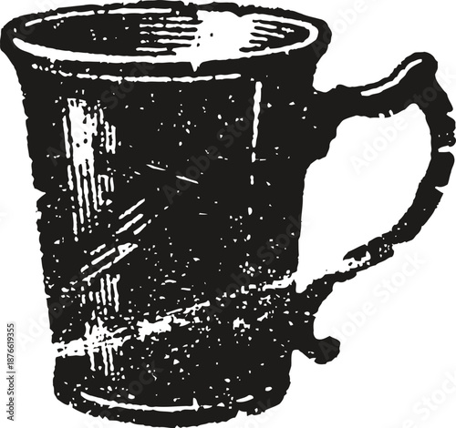 Antique metal cup with sturdy handle, vintage rustic design, textured surface