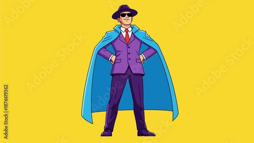 A confident cartoon man wearing a purple suit and blue cape stands against a bright yellow background