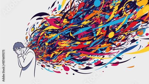 A person surrounded by vibrant, dynamic splashes of colorful paint, conveying a sense of creativity and artistic expression.