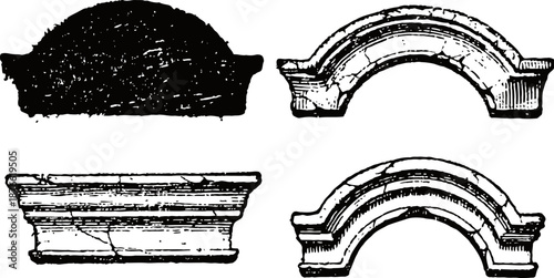 Antique architectural pediment and arch designs with classical detailing and ornamental trim