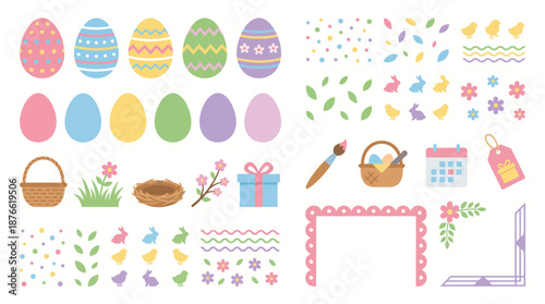 Easter eggs and spring floral decorations. Spring Vector Packs. EPS Editable
