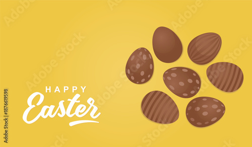 Chocolate easter eggs with Happy Easter text. Happy Easter greeting card with yellow background