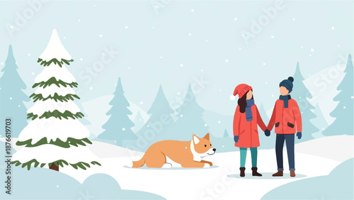 Couple holding hands with a dog in a snowy winter forest scene
