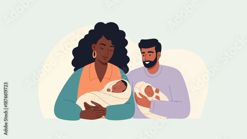 Couple holding newborns, celebrating new family, love, care, parenthood, joy