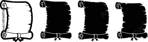 Vintage parchment scroll with curled edges and tied ribbon, old paper design antique