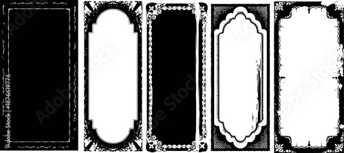 Set of vintage ornate rectangular frames with intricate floral and decorative borders in black and white design