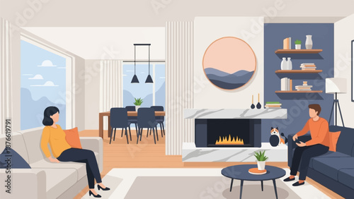 Cozy living room with a fireplace, a woman on a couch, and a man near a fireplace