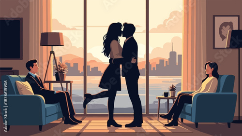 Couple kissing by a large window with city view, two others seated