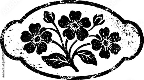 Vintage floral emblem with three flowers and leaves in rustic oval frame