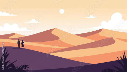 Couple observes vast, undulating desert dunes under a pale sun and scattered clouds