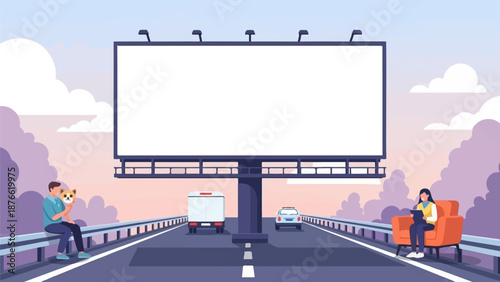Digital art illustration of a roadside billboard with people and vehicles at dusk