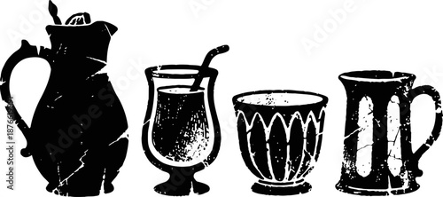 Vintage drinkware silhouettes including pitcher, glass with straw, decorative cup, and mug