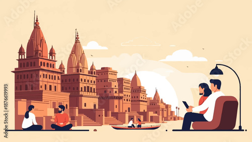 Digital art of a riverside city with people engaging in various activities against a warm sky