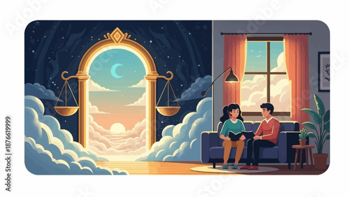 Couple on couch reading a book, with a cosmic archway of scales and celestial view