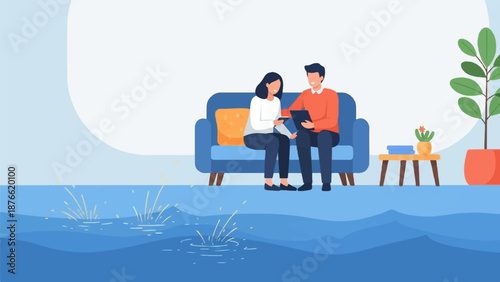 Couple on couch with tablet, water splashes in foreground, indoor plant