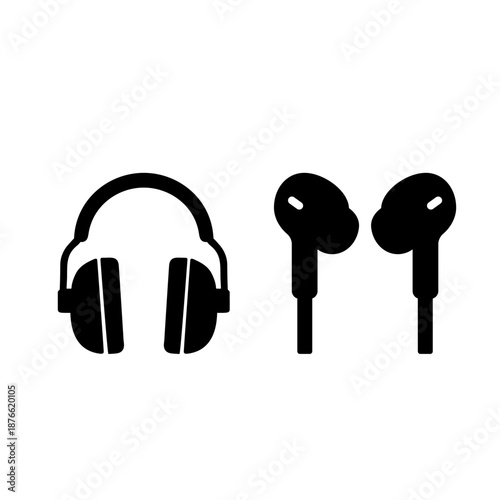Headphones and earbuds silhouette vector icon, audio and music symbols