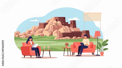 Digital illustration of two people working remotely in a comfortable setting