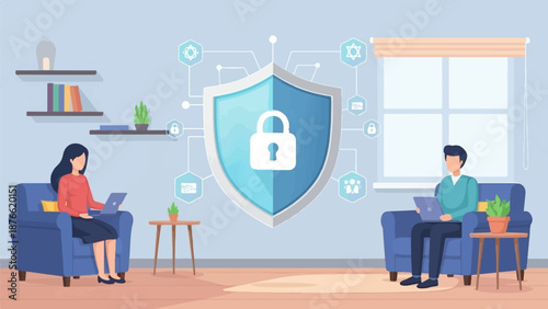 Digital security shield with people using laptops in a home environment