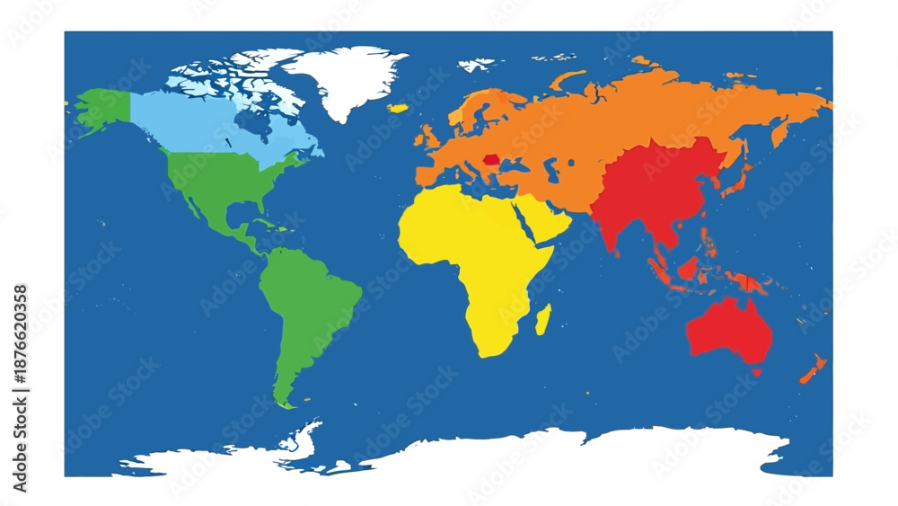 Obraz premium Colorful World Map Divided into Continents and Regions, Global Geography