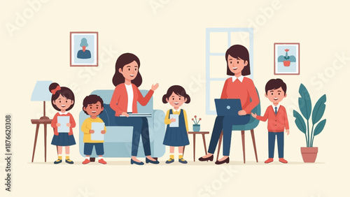 Diverse family scene with children, mothers, learning, and technology