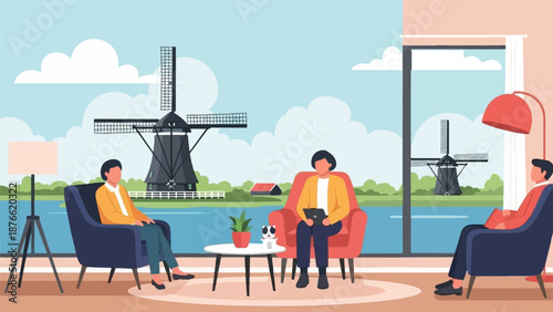 Cozy room with Dutch windmills view, people relax in comfortable chairs