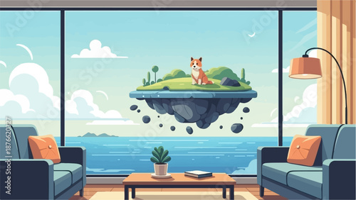 Cozy room with floating island and dog overlooking ocean