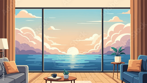 Cozy room with large windows overlooking a pixelated ocean sunset and plush blue seating