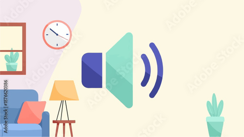 Cozy room with sofa, lamp, clock, and speaker icon