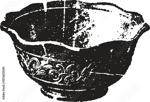 Ancient ceramic bowl with ornate floral patterns and scalloped edges, historical pottery design
