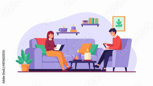 Couple relaxing in a cozy living room, one working on laptop, other on tablet