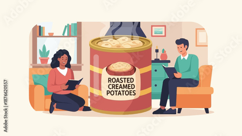 Cozy scene with a couple reading by a giant can of potatoes