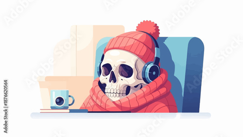 Cozy skeleton in a beanie and scarf wearing headphones with a mug nearby