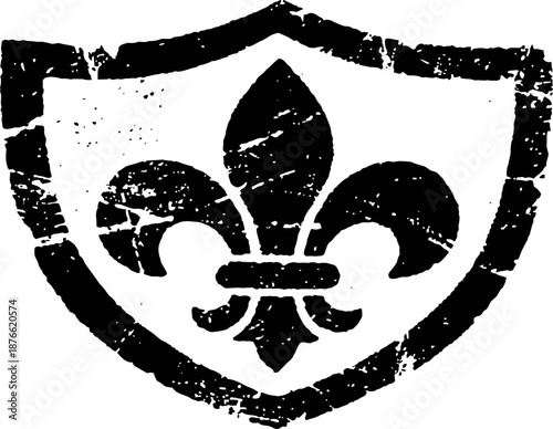 Grunge fleur de lis emblem within distressed shield design, vintage heraldic symbol patch