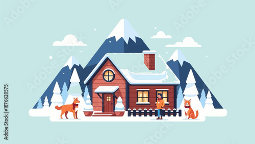 Cozy winter cabin scene with a person and two dogs amidst snow-covered mountains and trees
