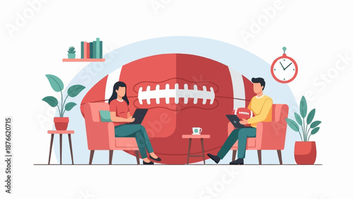 Couple relaxing indoors with a giant football, one person uses a laptop, other holds a small ball