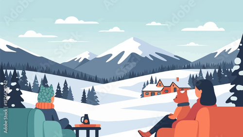 Cozy winter scene with people, dog, and snowy mountains in the background