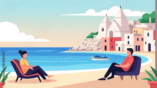 Couple relaxing on beach chairs by the sea overlooking a picturesque coastal town