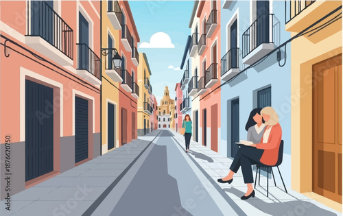 Colorful buildings line a sunlit street where two women sit reading near a church spire