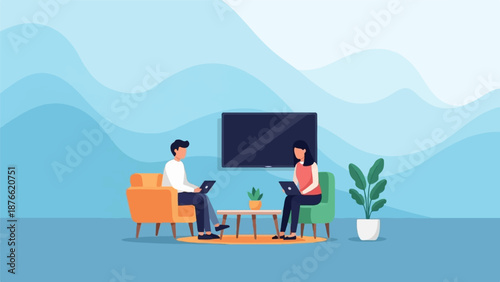 Couple relaxing on couches with laptops and TV