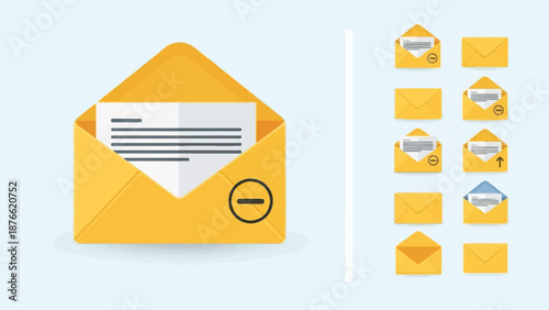 Collection of yellow envelopes, some open with letters, others closed, with icons