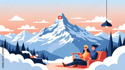 Couple relaxing on couch with laptop against snowy mountain backdrop