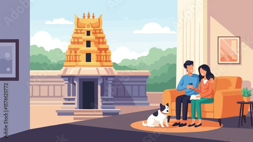 Couple relaxing with coffee and dog, Indian temple backdrop